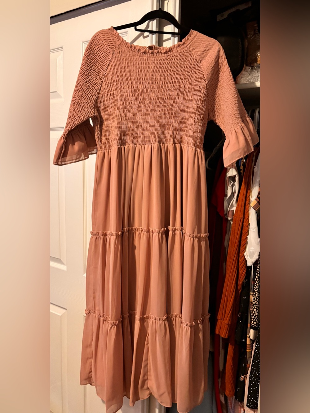 JessaKae Rose Blush Smocked Tiered Midi Dress